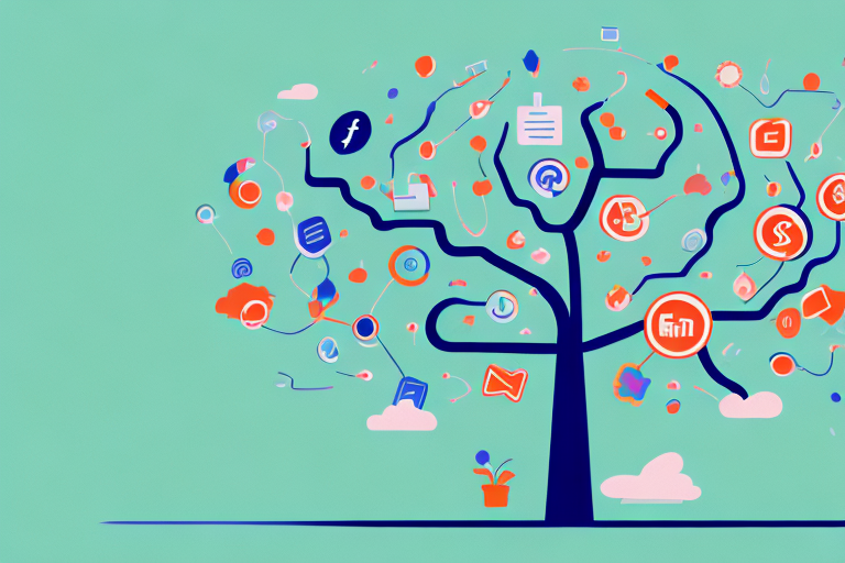 A thriving tree with various digital marketing tools as its fruits